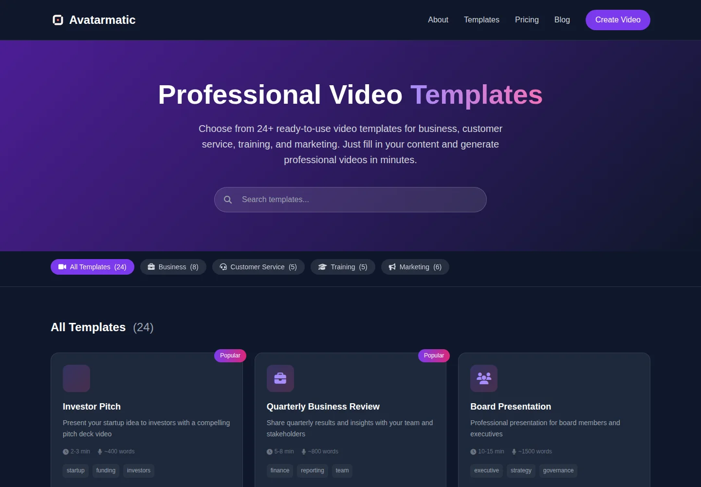Avatarmatic video templates gallery
