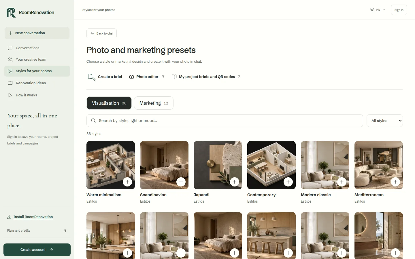 RoomRenovation Studio showing the current visualisation styles