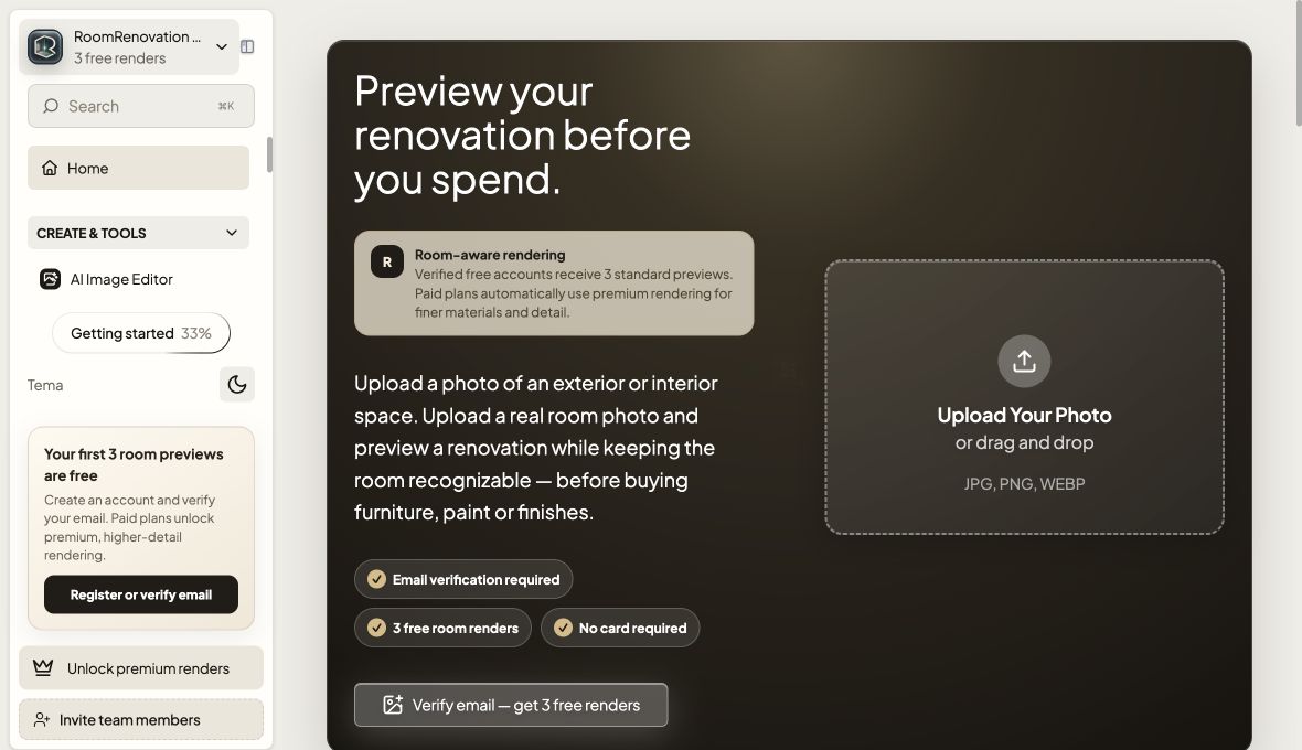 Room Renovation web studio previewing a room layout change